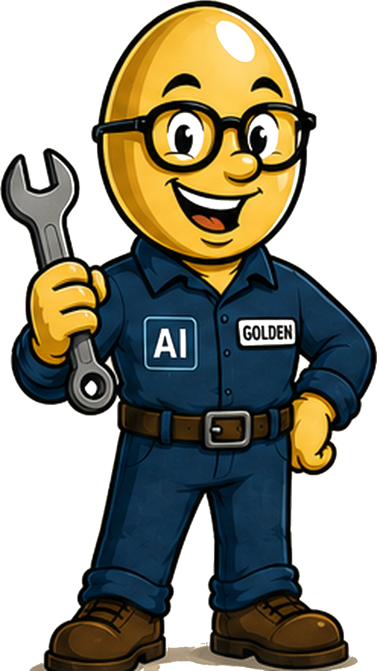 The Golden EggHead — a friendly egg-headed engineer in navy work overalls holding a wrench